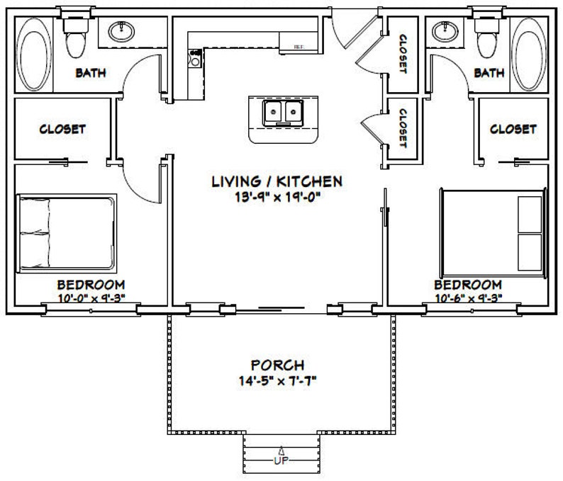 36x20 House 2Bedroom 2Bath 720 sq ft PDF Floor Plan Etsy