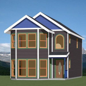 May include: A two-storey house with a dark grey exterior, blue trim, and multiple windows. The house has a porch with a door and a small window.