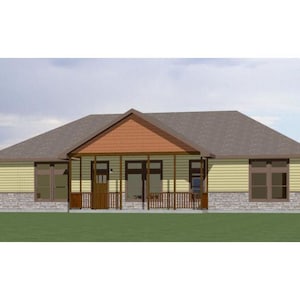 May include: A single-story house with a yellow exterior and a brown roof. The house has a large front porch with wooden railings and a brown door. The house has a stone foundation and windows with brown frames.