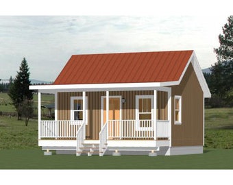 May include: A small, brown, wooden cabin with a red roof and a white porch. The cabin has a white railing and a white door. The cabin is surrounded by green grass.