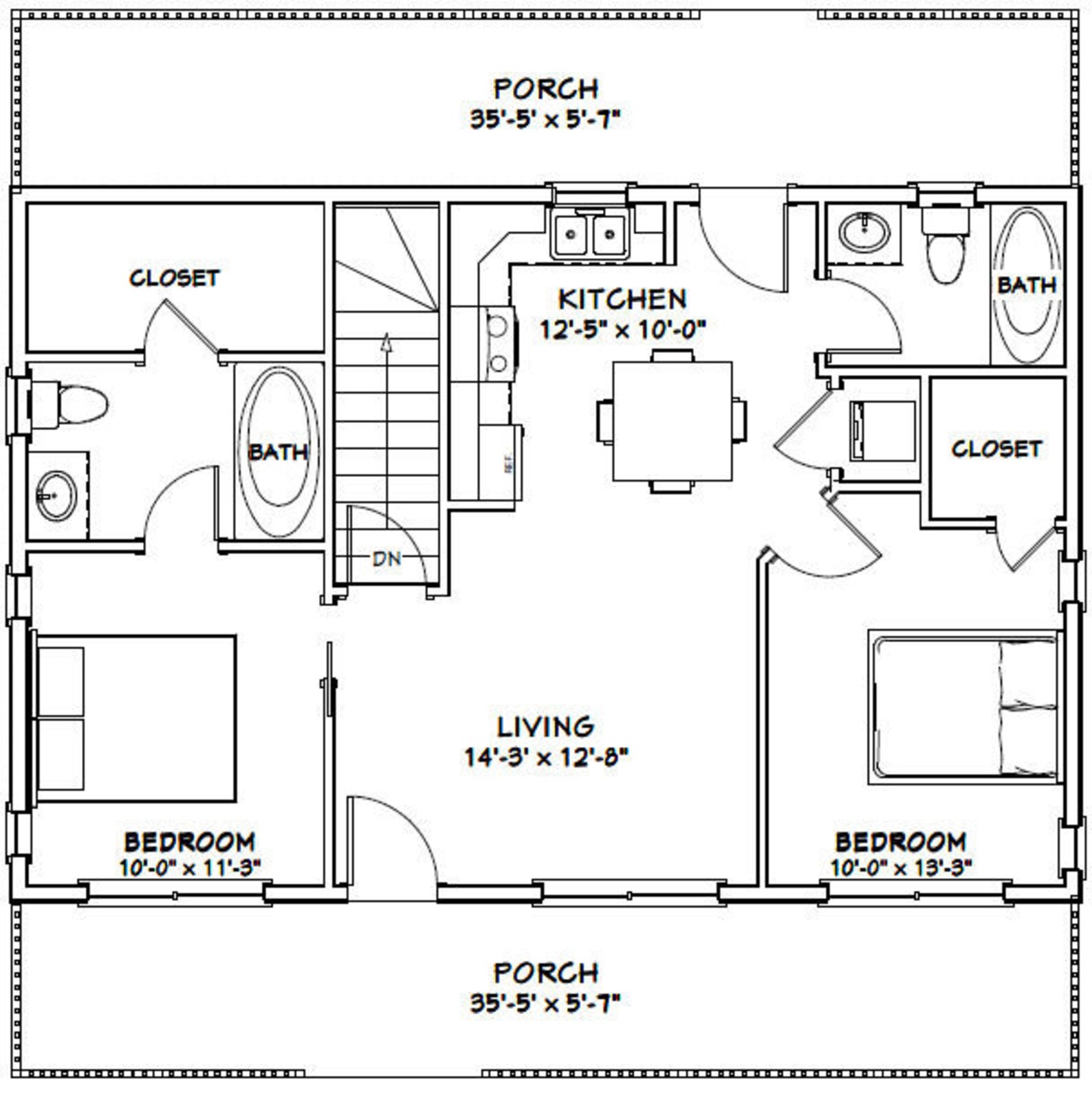 36x24 House 2-Bedroom 2-Bath 812 sq ft PDF Floor Plan | Etsy