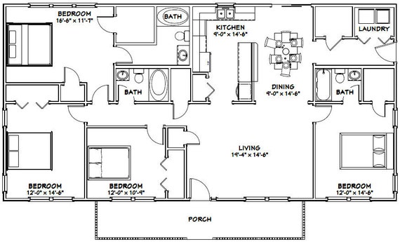 60x30 House 4 Bedroom 3 Bath 1800 Sq Ft Pdf Floor Etsy 60x30 House 4 Bedroom 3 Bath 1800 Sq Ft Pdf Floor Etsy