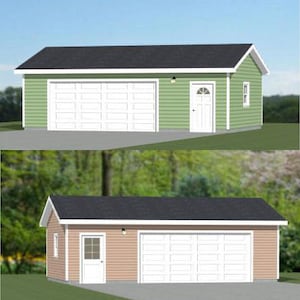 May include: Two side-by-side images of a two-car garage. The first image shows a green garage with white garage doors. The second image shows a tan garage with white garage doors.