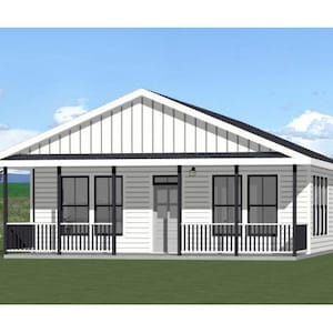 May include: A white farmhouse style home with a black roof and black trim around the windows and porch. The home has a front porch with black railings.