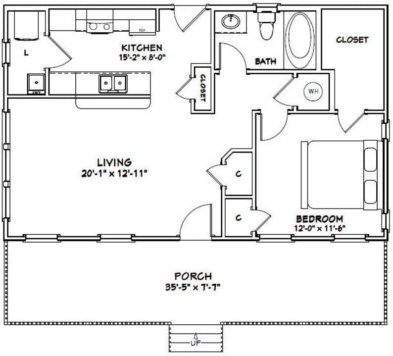 36x22 House 1Bedroom 1Bath 790 sq ft PDF Floor Plan Etsy