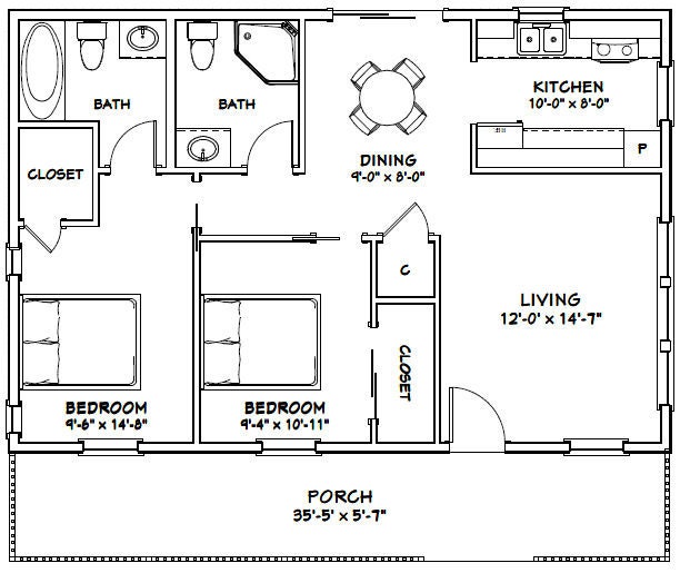 36x24 House 2-bedroom 2-bath 864 Sq Ft PDF Floor Plan Instant Download ...