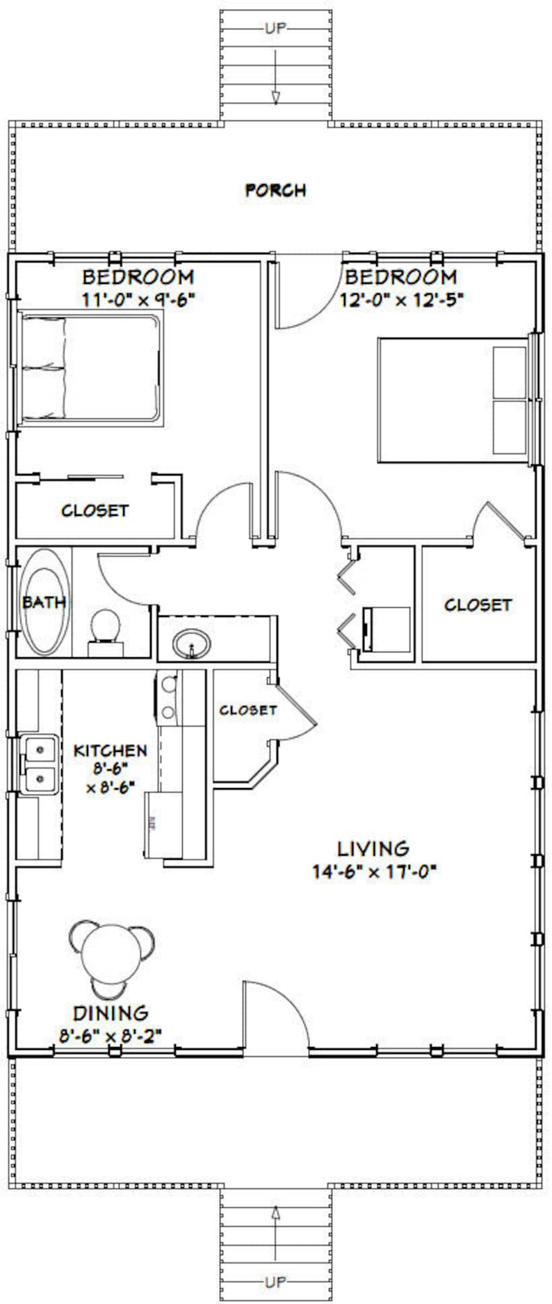 24x36 House 2Bedroom 1Bath 864 sq ft PDF Floor Plan Etsy