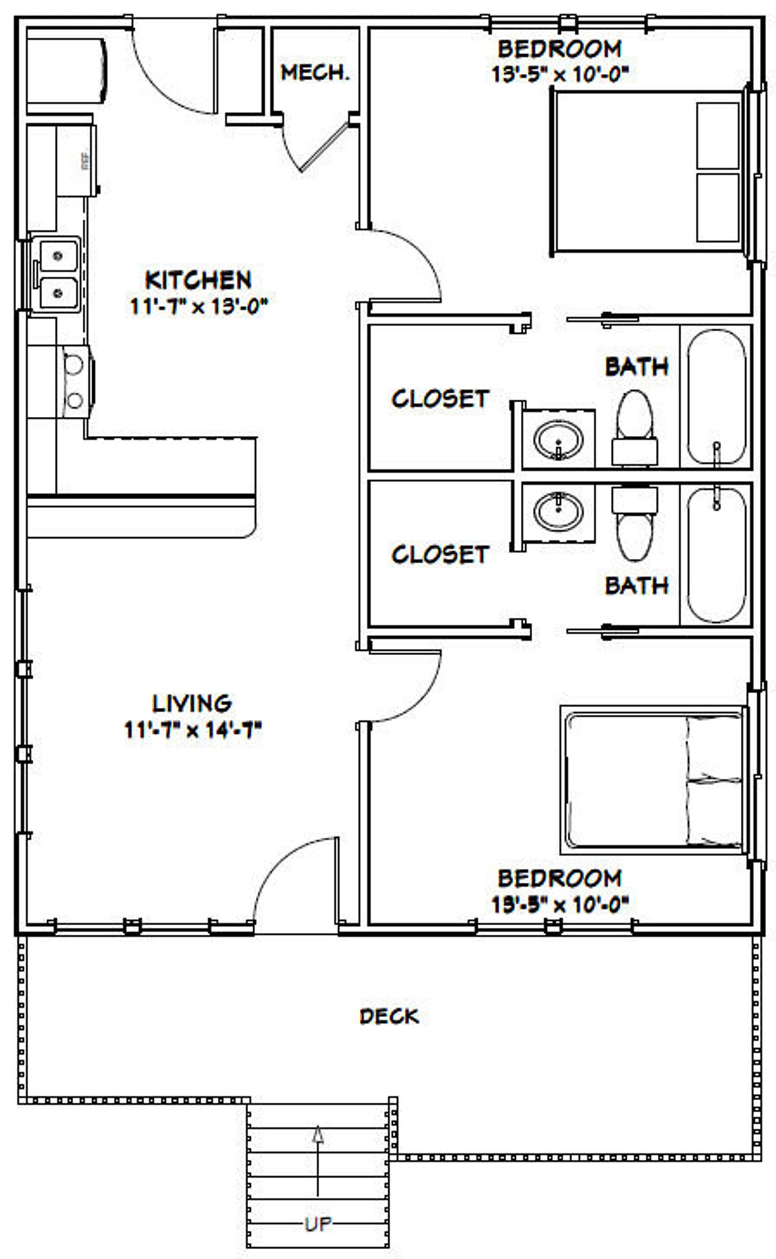 26x32-house-2-bedroom-2-bath-832-sq-ft-pdf-floor-plan-etsy