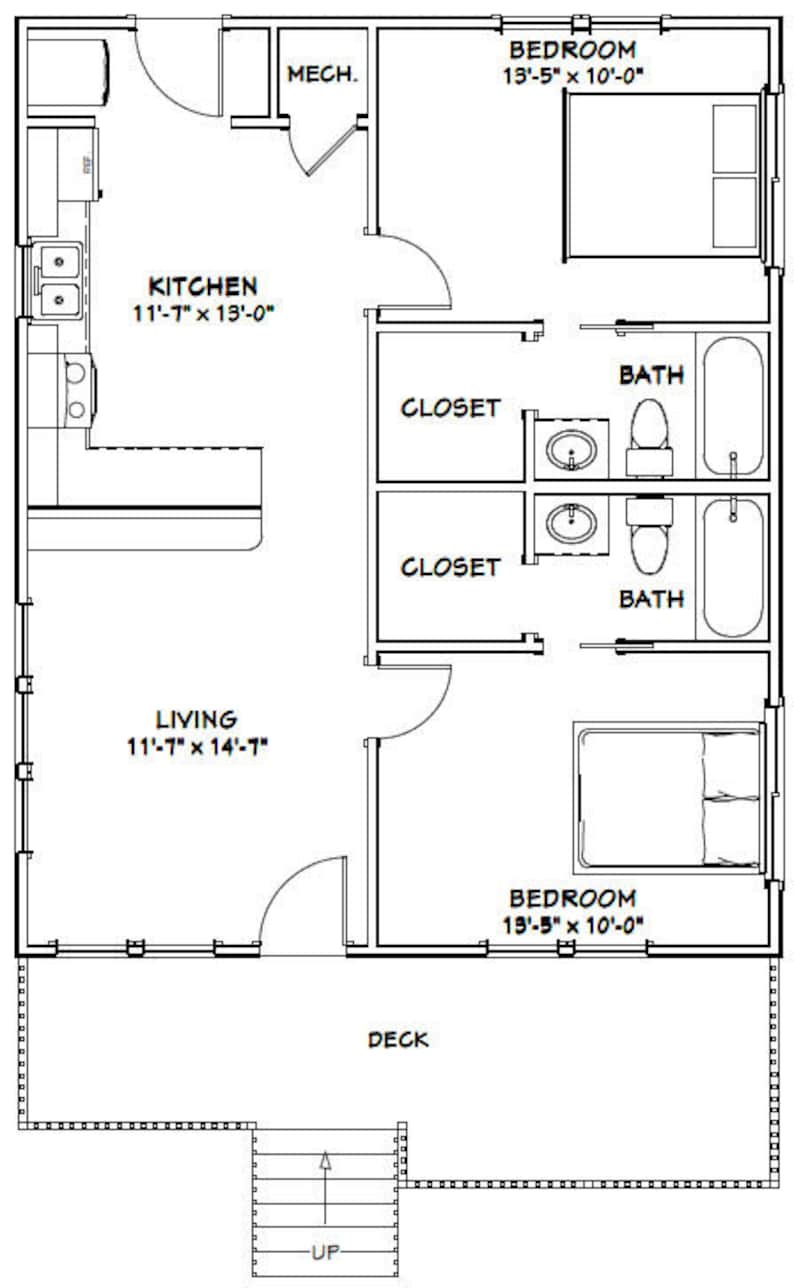 26x32 House 2 Bedroom 2 Bath 832 Sq Ft Pdf Floor Plan Etsy