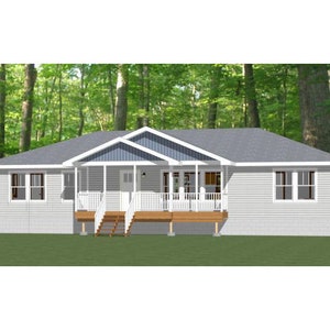May include: A single-storey house with a light grey exterior and a blue and white trim. The house has a front porch with a wooden railing and a set of stairs leading up to the front door.