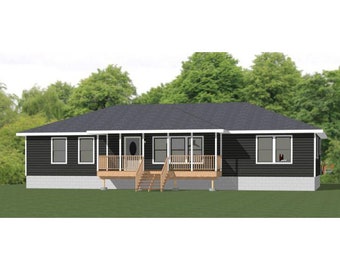 May include: A black and white single-story house with a wooden deck and stairs. The house has a gray roof and white trim.