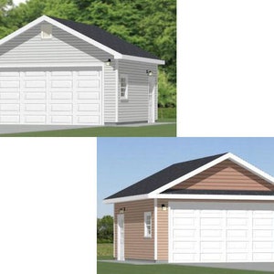 May include: Two images of a detached garage with a single door. The first image shows a white garage with a black roof. The second image shows a brown garage with a black roof.