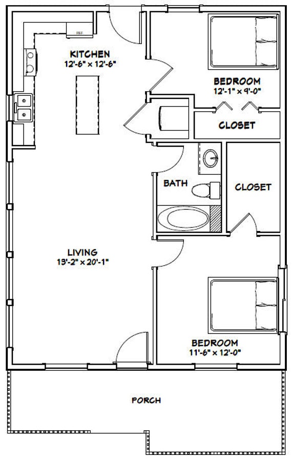 26x34 House 2 Bedroom 1 Bath 884 Sq Ft Pdf Floor Plan Instant Download Model 1d
