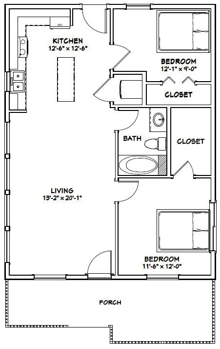 26x34 House 2-bedroom 1-bath 884 Sq Ft PDF Floor Plan Instant Download ...