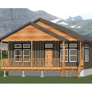 May include: A small, wooden cabin with a porch and a brown door. The cabin has a grey roof and is surrounded by a green lawn.