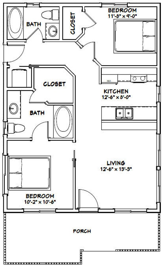 24x32 House Model 1C 2 Bedroom 2 Bath PDF Floor Plan 768 sq ft 