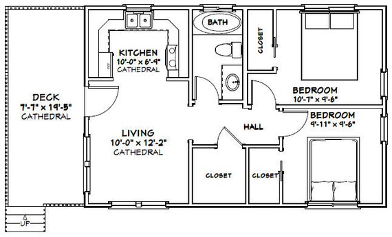 30x20 House 600 sq ft PDF Floor Plan Model 1 2 Bedroom 1 Bath 
