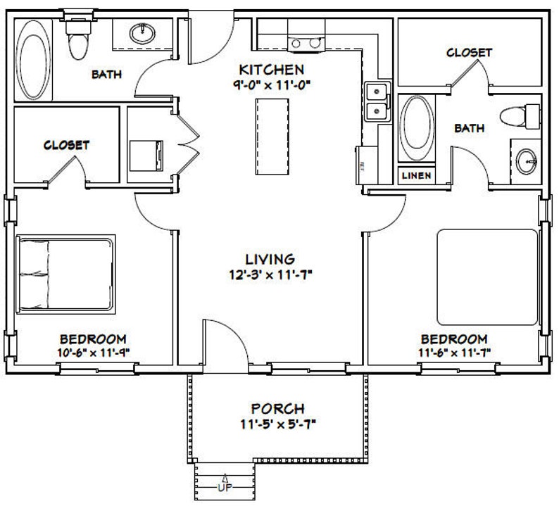 36x24 House 2Bedroom 2Bath 864 sq ft PDF Floor Plan Etsy