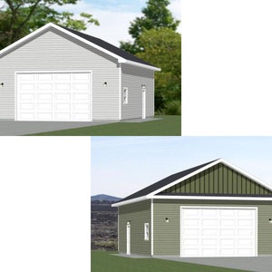 May include: Two images of a single-car garage with a white door. The first image shows the garage with light gray siding. The second image shows the garage with green siding and a green trim on the roof.