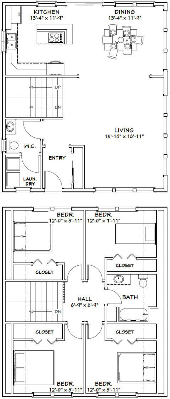 28x32 House 3 Bedroom 1.5 Bath PDF Floor Plan Model 4K 1,544 sq ft 