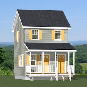 May include: A two-story gray house with yellow shutters and a white porch. The house has a white picket fence and a green lawn.