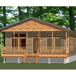 May include: A small, wooden cabin with a porch and a deck. The cabin has a brown wooden exterior and a gray roof. The porch has a wooden railing and a set of stairs leading up to the front door. The deck is made of wood and has a railing around it.