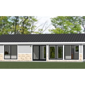 May include: A modern white and grey house with a black roof and large windows. The house has a stone accent wall and a small porch.