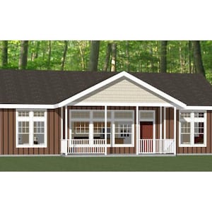 May include: A single-storey house with a covered porch and a red door. The house is brown with white trim and has a brown roof. The house is surrounded by trees.