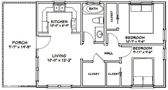30x20 House 2 Bedroom 1 Bath 600 Sq Ft Pdf Floor Plan Instant Download Model 3b
