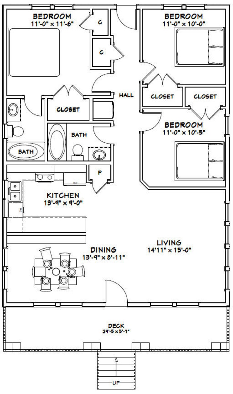 30x40 House -- 3 Bedroom 2 Bath -- 1200 sq ft -- PDF Floor Plan