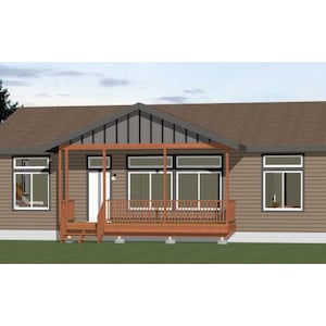 May include: A brown, single-storey house with a covered porch and a wooden deck. The house has multiple windows and a front door.