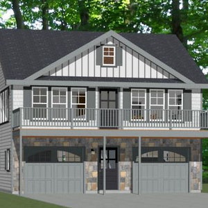 May include: A two-storey house with a grey roof, light grey siding, and a stone facade on the lower level. The house features multiple windows, balconies, and garage doors. The design is set against a backdrop of green trees.
