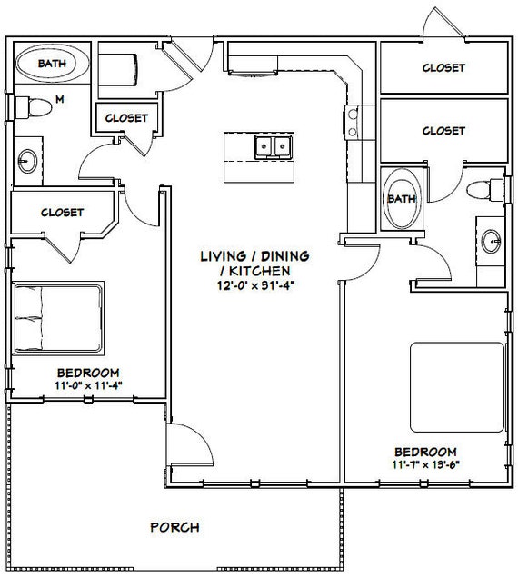 36x32 House 2 Bedroom 2 Bath 1 082 Sq Ft Pdf Floor Plan Instant Download Model 1