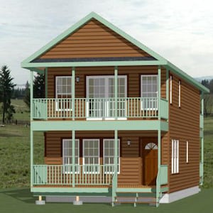 May include: A two-storey house with a brown wooden exterior and a green roof. The house has a porch on both floors and a wooden door.
