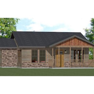 May include: A small, single-story house with a brown wooden exterior and a stone foundation. The house has a covered porch with a wooden railing and a brown wooden door. The roof is black and the windows are white.