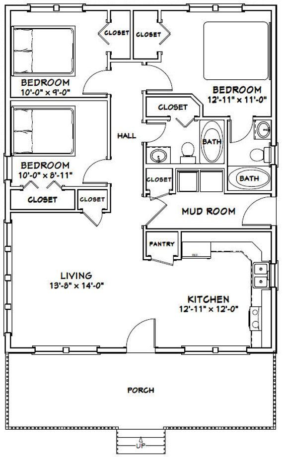 Model 1F 28x36 House 3 Bedroom 2 Bath 1,008 sq ft PDF Floor Plan 