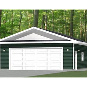 May include: A green two-car garage with a white door and a white roof. The garage has a small window on the side.