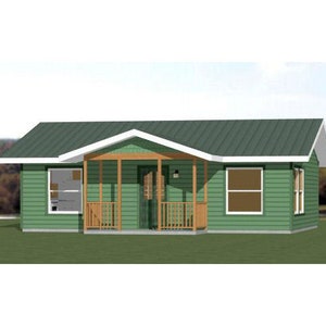 May include: A green single-storey house with a covered porch and a white roof. The house has two windows at the front and a door in the centre.
