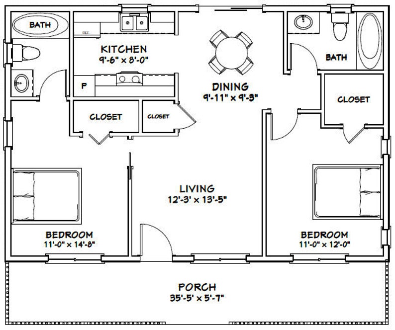 36x24 House 2bedroom 2bath 864 Sq Ft PDF Floor Plan Etsy