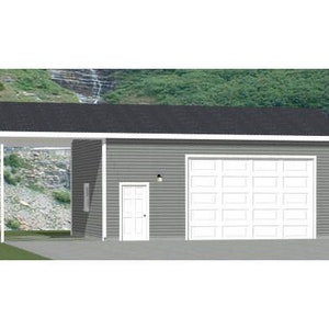 May include: A gray garage with a single car garage door and a covered carport. The garage has a white door on the side and a white light fixture.