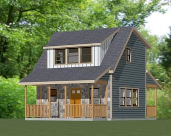 May include: A small, two-story house with a gray exterior and a stone facade. The house has a covered porch with wooden railings and a front door with a glass panel.