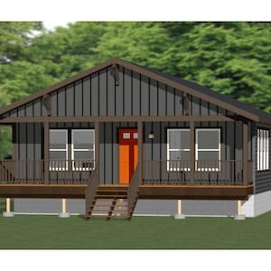 Puede incluir: Una pequeña casa gris oscura con techo y porche marrones. La puerta principal es de color naranja brillante. La casa tiene dos ventanas y una pequeña escalera que conduce al porche. El fondo es un bosque verde.