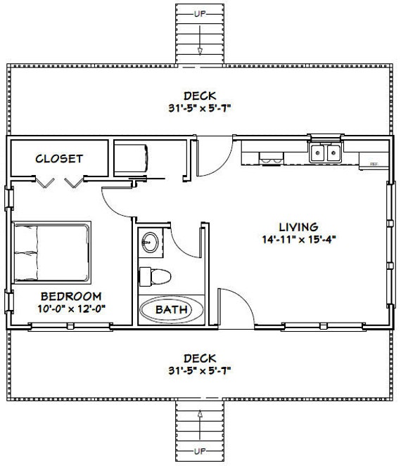 32x16 House 1 Bedroom 1 Bath 512 Sq Ft Pdf Floor Plan Instant Download Model 2
