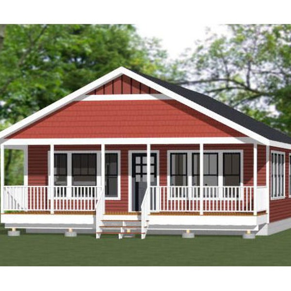 28x36 House -- 3-Bedroom 2-Bath -- 1,008 sq ft -- PDF Floor Plan -- Instant Download -- Model 3C