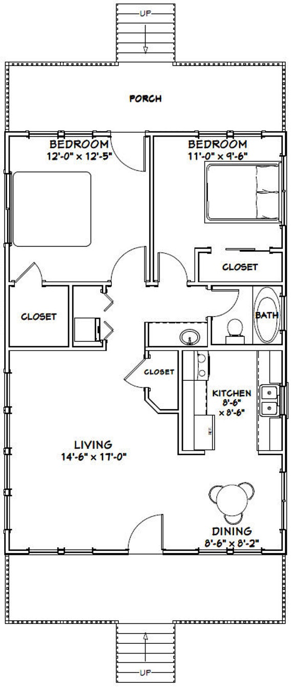 24x36 House 2 Bedroom 1 Bath 864 Sq Ft Pdf Floor Plan Instant Download Model 3