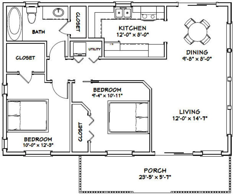 36x24 House 2Bedroom 1Bath 864 sq ft PDF Floor Plan Etsy