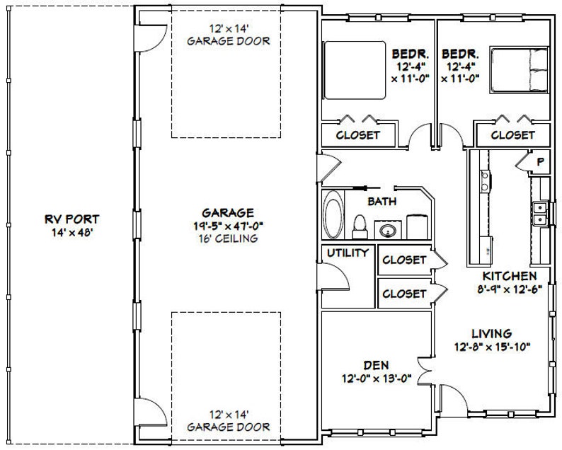 Model 4B 2-Bedroom 1-Bath PDF Floor Plan 46x48 House 1,157 sq ft Instant Download
