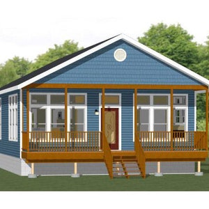 May include: A blue, single-storey house with a covered porch and a wooden deck. The house has a white door and white windows. The house is on a foundation with wooden posts.