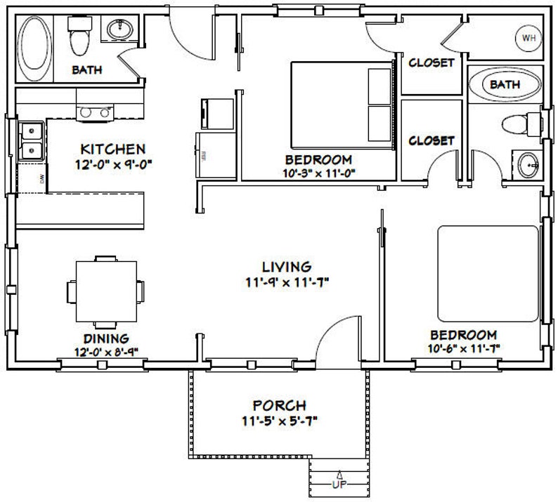 36x24 House 2Bedroom 2Bath 864 sq ft PDF Floor Plan Etsy
