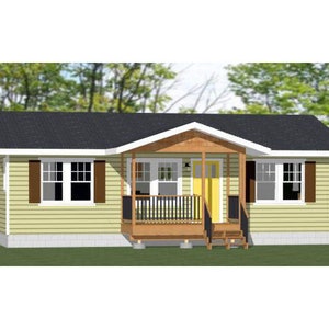 May include: A small, single-story house with a yellow front door and a porch with a wooden railing. The house has a light yellow siding and a black roof.